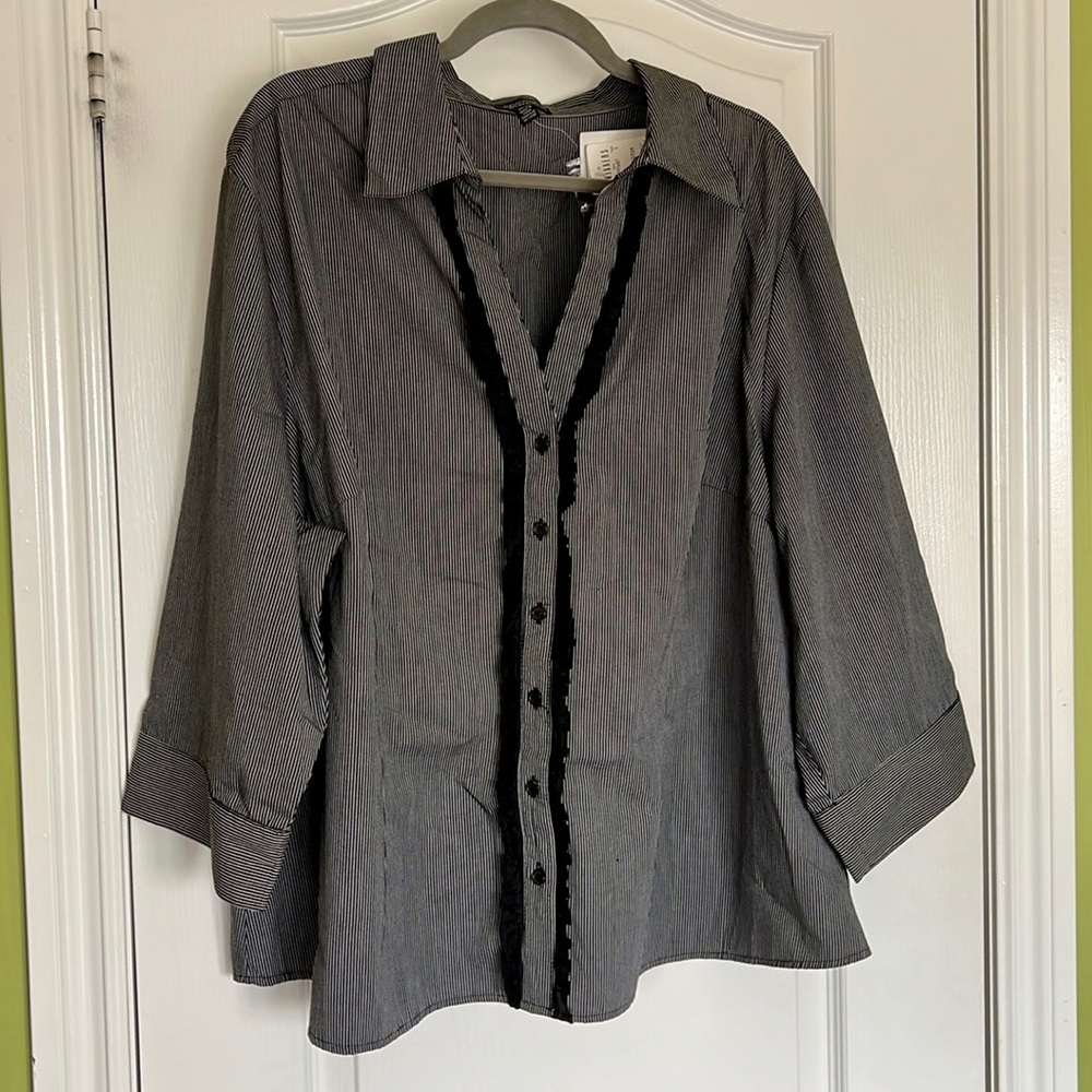Striped Blouse with Ruffle Trim - Black/White